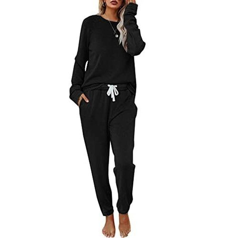 FISOEW Women'S Solid Sweatsuit Set 2 Piece Long Sleeve Pullover and Drawstring Sweatpants Sport Outfits Sets Viral Knit Set Two Piece Set Women Two Piece Outfits Matching Sets Women #Tiktokshopblackfriday #Tiktokshopcybermonday