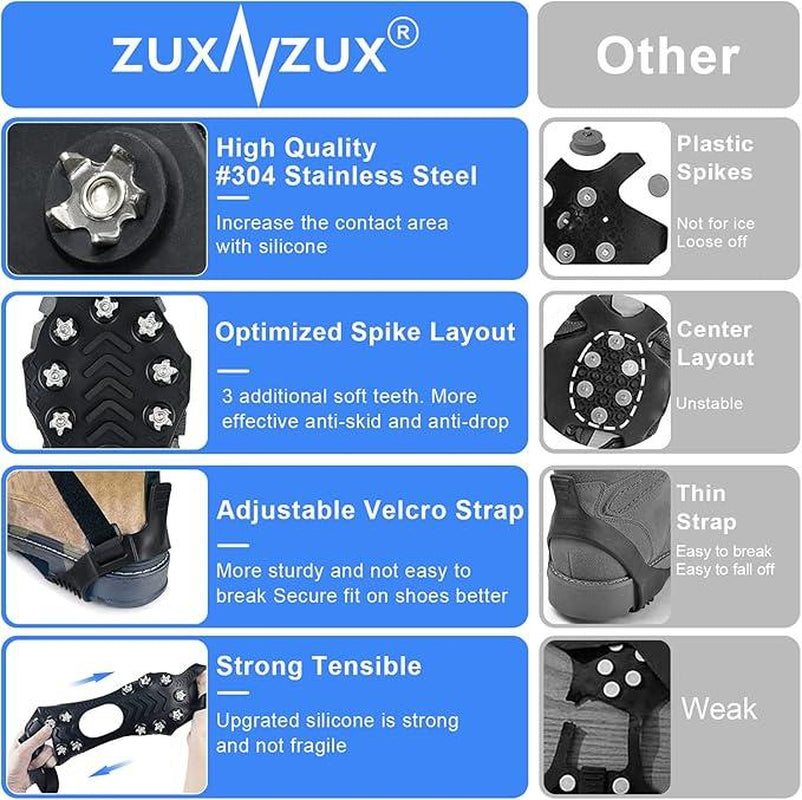 ZUXNZUX Crampons, Ice Cleats for Shoes and Boots, Silicone Stainless Steel Grippers Shoe Spikes Grips Traction for Ice Snow, Winter Hiking Climbing Ice Fishing
