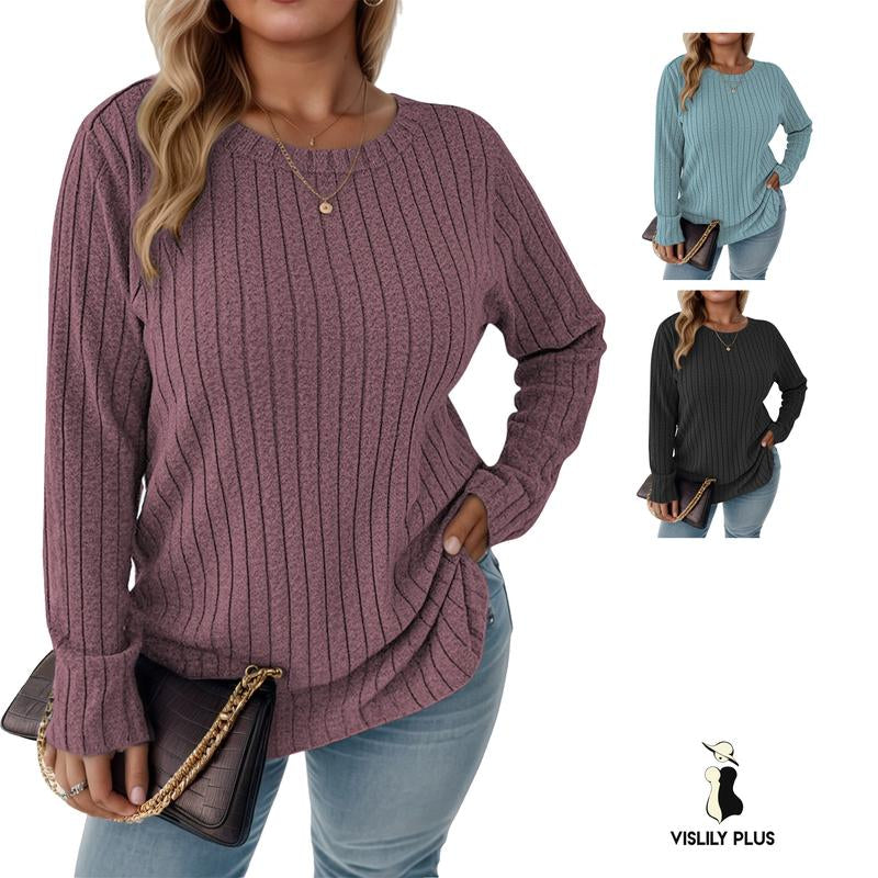 Vislily plus Women'S plus Size Sweatshirts Ribbed Knit Long Sleeve Crew Neck Casual Fall Tops Lightweight Soft Loose Fit Curvy Chic Womenswear Stripe Pullover DPS1166