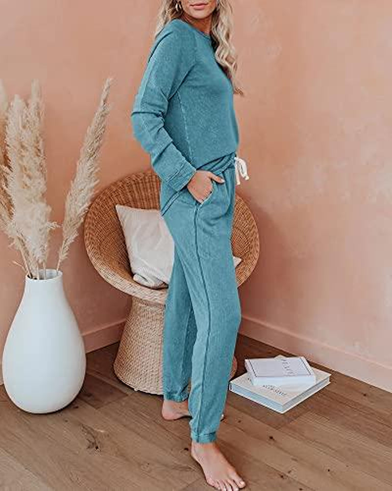 FISOEW Women'S Solid Sweatsuit Set 2 Piece Long Sleeve Pullover and Drawstring Sweatpants Sport Outfits Sets Viral Knit Set Two Piece Set Women Two Piece Outfits Matching Sets Women #Tiktokshopblackfriday #Tiktokshopcybermonday