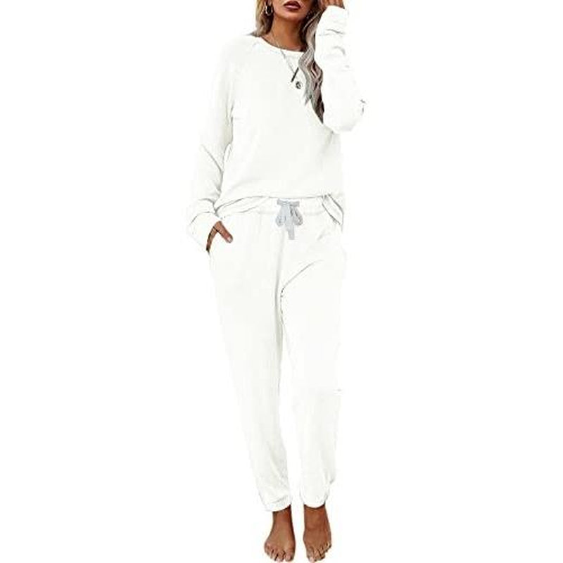 FISOEW Women'S Solid Sweatsuit Set 2 Piece Long Sleeve Pullover and Drawstring Sweatpants Sport Outfits Sets Viral Knit Set Two Piece Set Women Two Piece Outfits Matching Sets Women #Tiktokshopblackfriday #Tiktokshopcybermonday