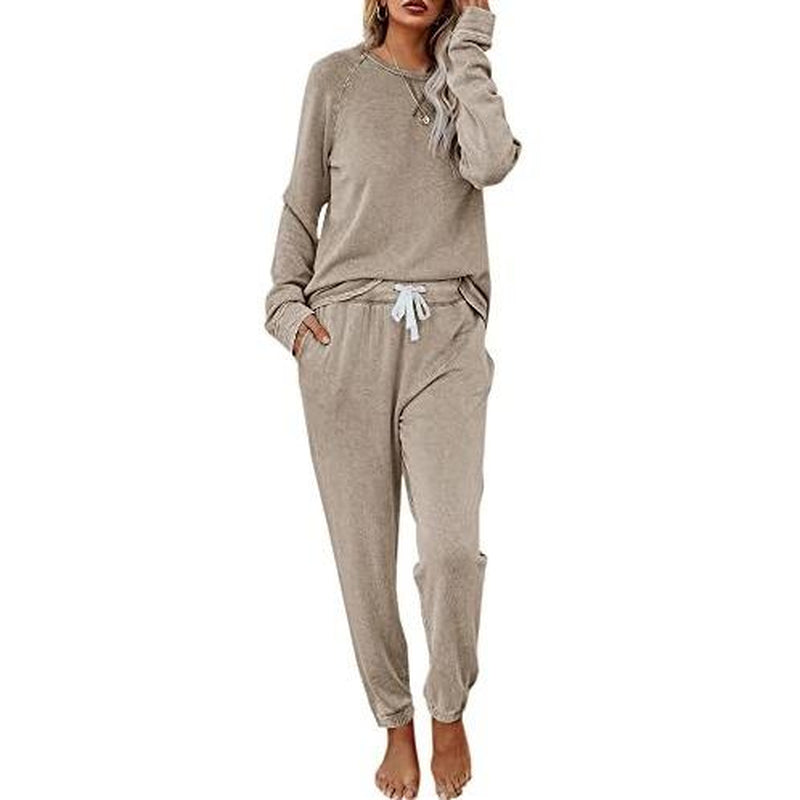 FISOEW Women'S Solid Sweatsuit Set 2 Piece Long Sleeve Pullover and Drawstring Sweatpants Sport Outfits Sets Viral Knit Set Two Piece Set Women Two Piece Outfits Matching Sets Women #Tiktokshopblackfriday #Tiktokshopcybermonday