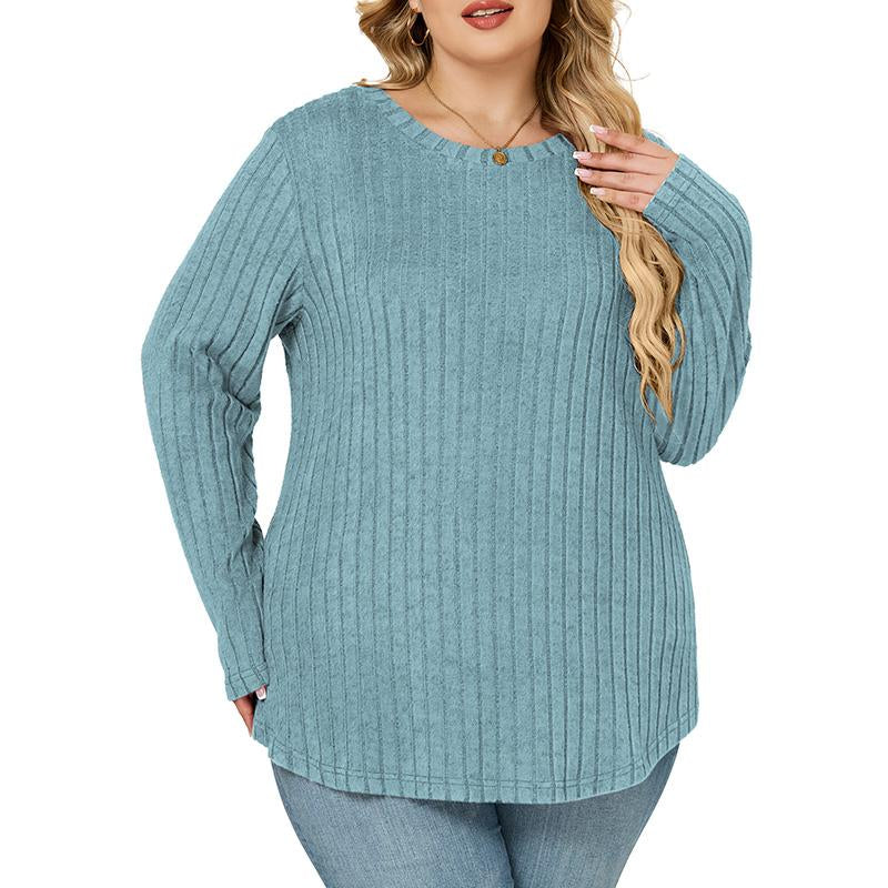 Vislily plus Women'S plus Size Sweatshirts Ribbed Knit Long Sleeve Crew Neck Casual Fall Tops Lightweight Soft Loose Fit Curvy Chic Womenswear Stripe Pullover DPS1166