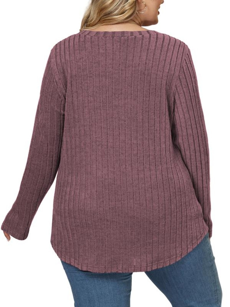 Vislily plus Women'S plus Size Sweatshirts Ribbed Knit Long Sleeve Crew Neck Casual Fall Tops Lightweight Soft Loose Fit Curvy Chic Womenswear Stripe Pullover DPS1166