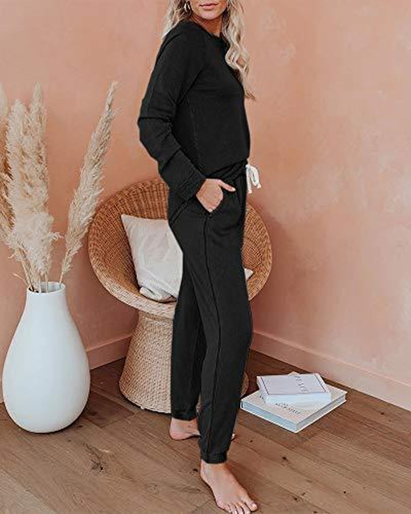 FISOEW Women'S Solid Sweatsuit Set 2 Piece Long Sleeve Pullover and Drawstring Sweatpants Sport Outfits Sets Viral Knit Set Two Piece Set Women Two Piece Outfits Matching Sets Women #Tiktokshopblackfriday #Tiktokshopcybermonday