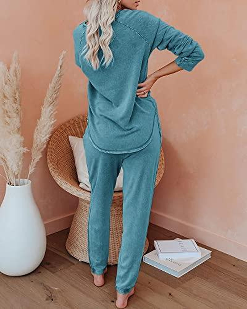 FISOEW Women'S Solid Sweatsuit Set 2 Piece Long Sleeve Pullover and Drawstring Sweatpants Sport Outfits Sets Viral Knit Set Two Piece Set Women Two Piece Outfits Matching Sets Women #Tiktokshopblackfriday #Tiktokshopcybermonday