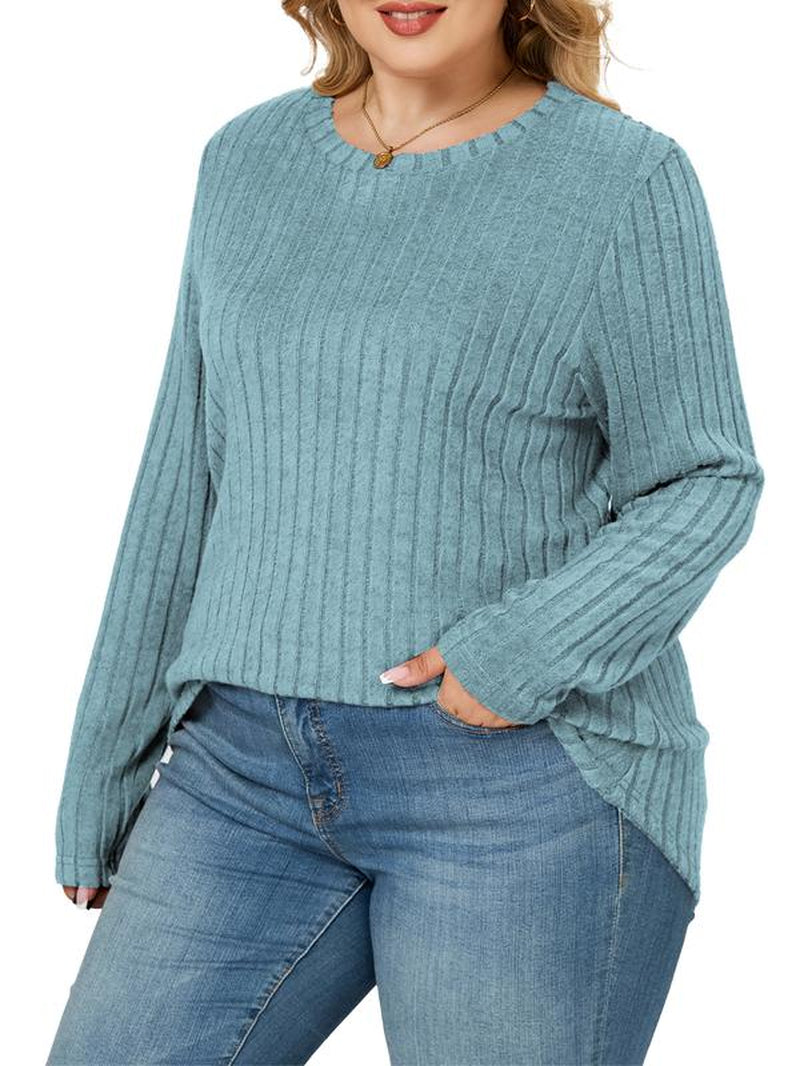 Vislily plus Women'S plus Size Sweatshirts Ribbed Knit Long Sleeve Crew Neck Casual Fall Tops Lightweight Soft Loose Fit Curvy Chic Womenswear Stripe Pullover DPS1166