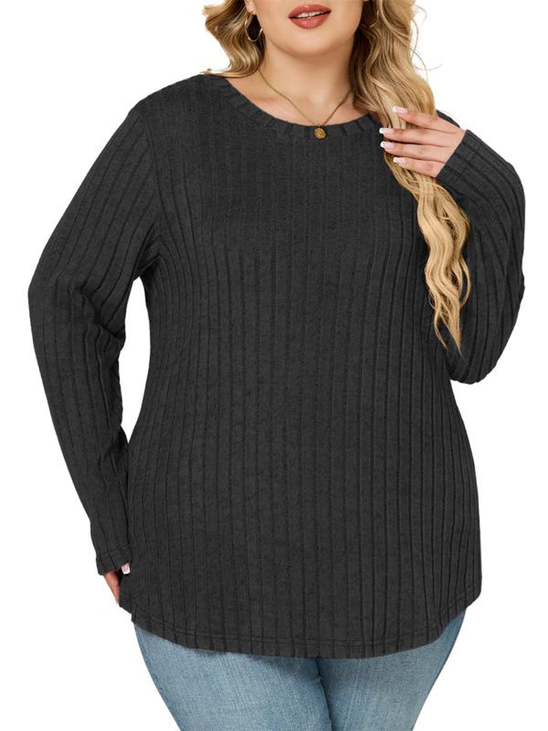 Vislily plus Women'S plus Size Sweatshirts Ribbed Knit Long Sleeve Crew Neck Casual Fall Tops Lightweight Soft Loose Fit Curvy Chic Womenswear Stripe Pullover DPS1166