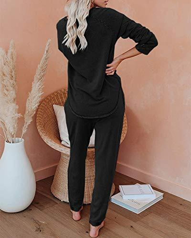 FISOEW Women'S Solid Sweatsuit Set 2 Piece Long Sleeve Pullover and Drawstring Sweatpants Sport Outfits Sets Viral Knit Set Two Piece Set Women Two Piece Outfits Matching Sets Women #Tiktokshopblackfriday #Tiktokshopcybermonday