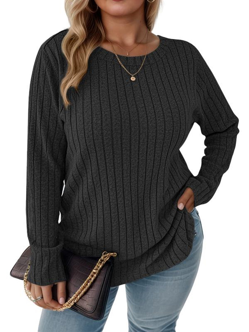 Vislily plus Women'S plus Size Sweatshirts Ribbed Knit Long Sleeve Crew Neck Casual Fall Tops Lightweight Soft Loose Fit Curvy Chic Womenswear Stripe Pullover DPS1166