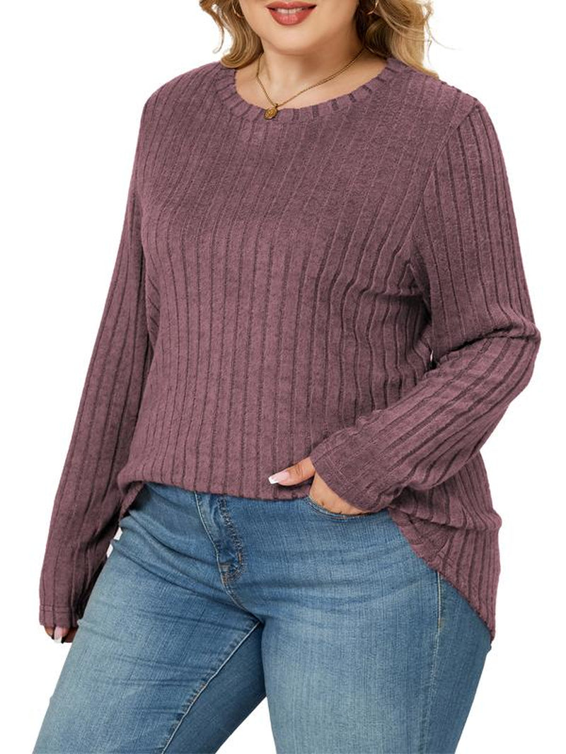 Vislily plus Women'S plus Size Sweatshirts Ribbed Knit Long Sleeve Crew Neck Casual Fall Tops Lightweight Soft Loose Fit Curvy Chic Womenswear Stripe Pullover DPS1166