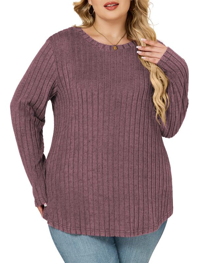 Vislily plus Women'S plus Size Sweatshirts Ribbed Knit Long Sleeve Crew Neck Casual Fall Tops Lightweight Soft Loose Fit Curvy Chic Womenswear Stripe Pullover DPS1166