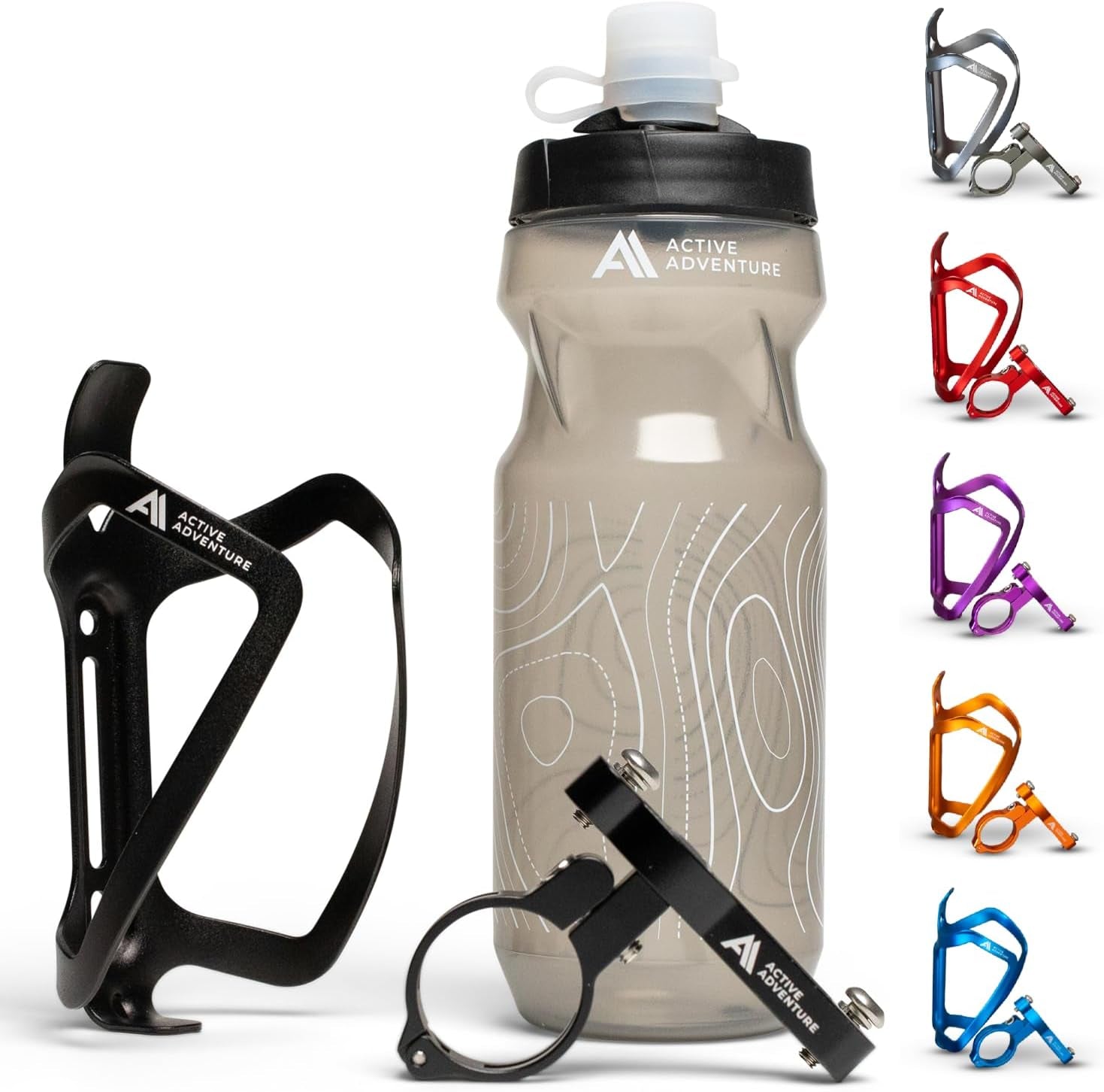 Bike Water Bottle Holder Combo - 20 Oz Squeeze Bottle & Bicycle Mount Cage Rack, No Screws Needed, Durable Alloy - Fits All Handlebar Bikes & MTB Mountain Road - for Adults, Kids (Black)