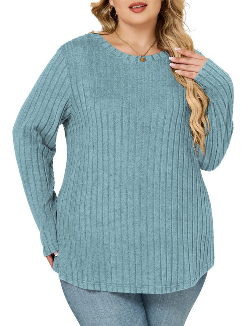 Vislily plus Women'S plus Size Sweatshirts Ribbed Knit Long Sleeve Crew Neck Casual Fall Tops Lightweight Soft Loose Fit Curvy Chic Womenswear Stripe Pullover DPS1166