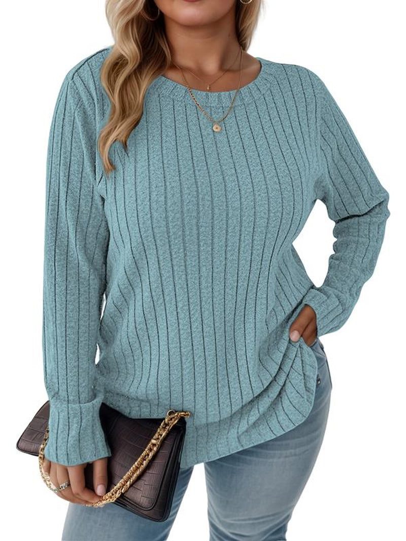Vislily plus Women'S plus Size Sweatshirts Ribbed Knit Long Sleeve Crew Neck Casual Fall Tops Lightweight Soft Loose Fit Curvy Chic Womenswear Stripe Pullover DPS1166
