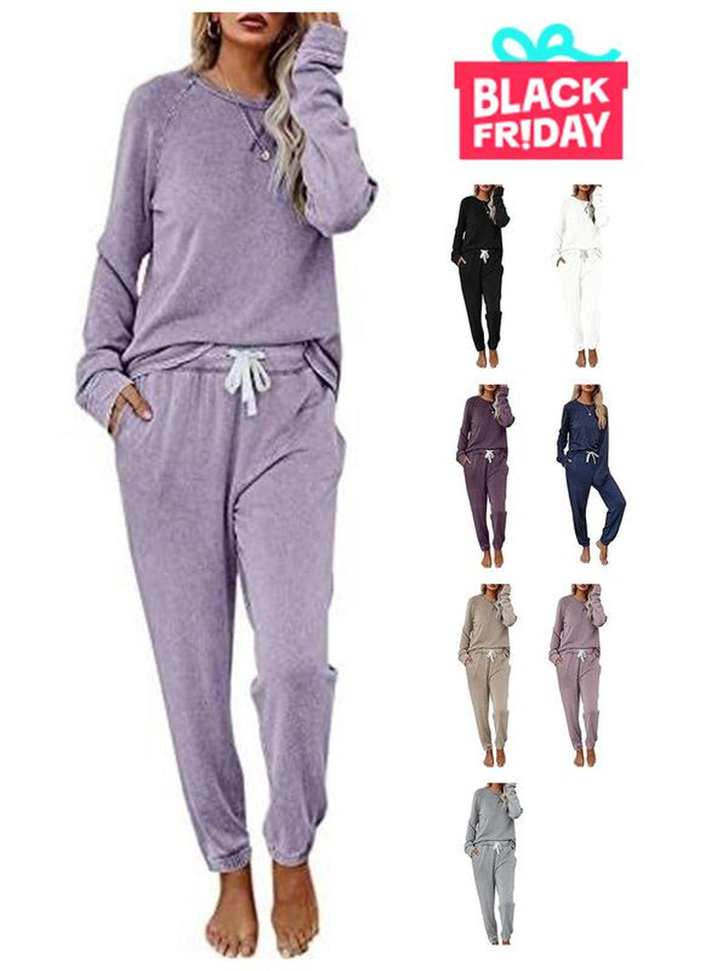 FISOEW Women'S Solid Sweatsuit Set 2 Piece Long Sleeve Pullover and Drawstring Sweatpants Sport Outfits Sets Viral Knit Set Two Piece Set Women Two Piece Outfits Matching Sets Women #Tiktokshopblackfriday #Tiktokshopcybermonday