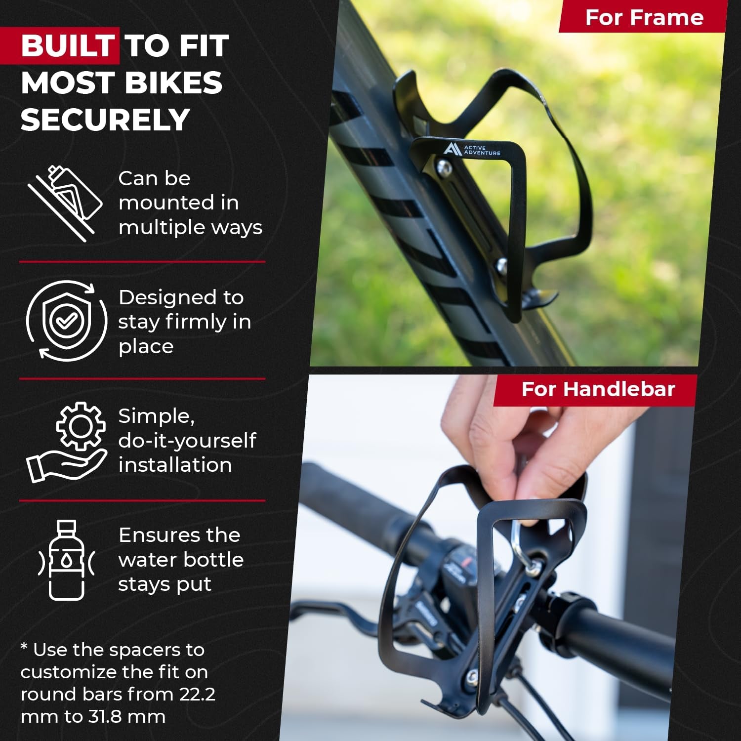 Bike Water Bottle Holder Combo - 20 Oz Squeeze Bottle & Bicycle Mount Cage Rack, No Screws Needed, Durable Alloy - Fits All Handlebar Bikes & MTB Mountain Road - for Adults, Kids (Black)