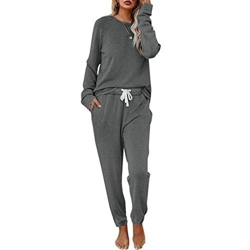 FISOEW Women'S Solid Sweatsuit Set 2 Piece Long Sleeve Pullover and Drawstring Sweatpants Sport Outfits Sets Viral Knit Set Two Piece Set Women Two Piece Outfits Matching Sets Women #Tiktokshopblackfriday #Tiktokshopcybermonday